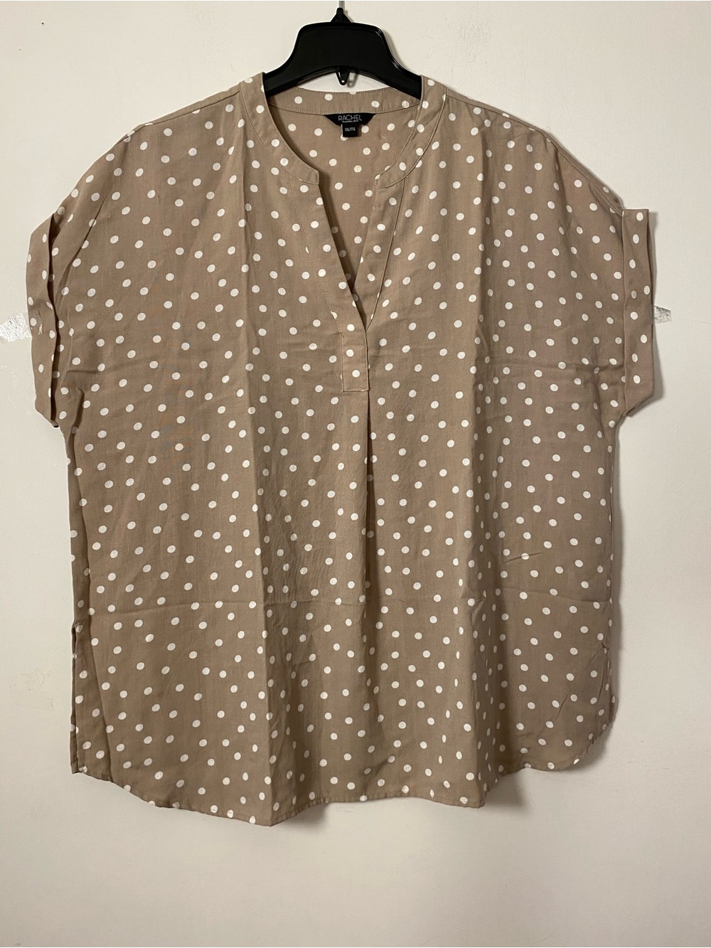 Polka Dot Split-Neck Blouse in Taupe and White - Casual Fit